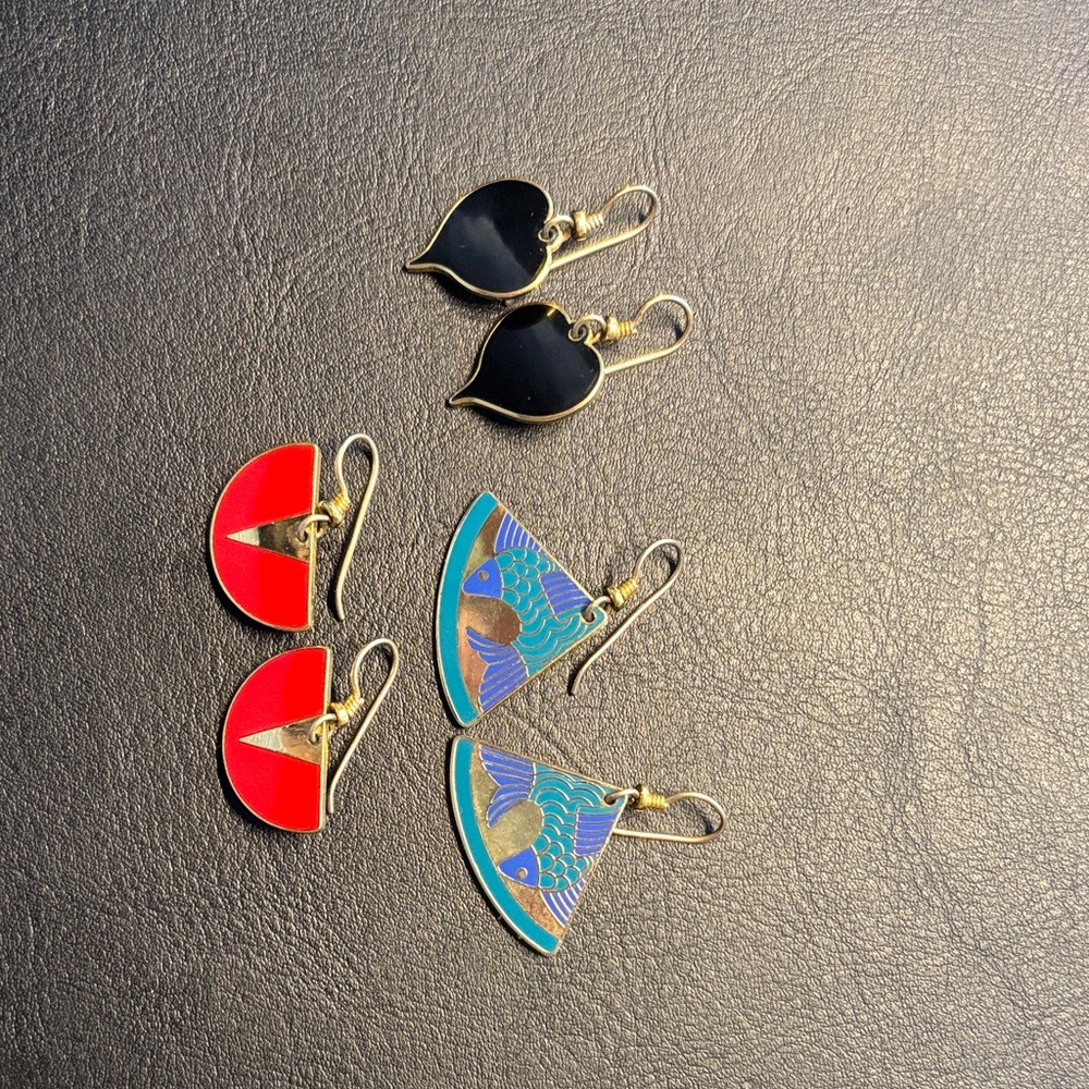 Laurel Burch Black, Red and Teal Enamel Drop Earring Trio